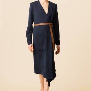 TIBI Drape Twill Navy Midi Wrap Dress with Belt